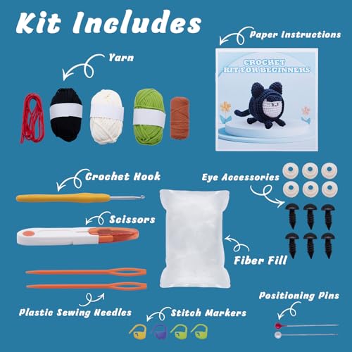 EOKPHULL Crochet Kit for Beginners, Easy Crochet Animal Set Knitting Kit for Adults with Step-by-Step Video Tutorials and Paper Instructions - color: Dinosaur, Cat
