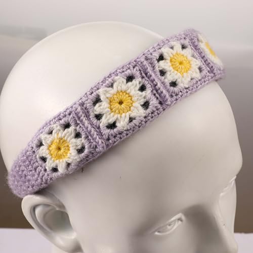 Crochet Headband for Women, Handmade Sunflower & Checkered Hair Accessories, Stretchable Boho Hair Band (Purple-White-Yellow, Sunflower) - color: Purple-White-Yellow