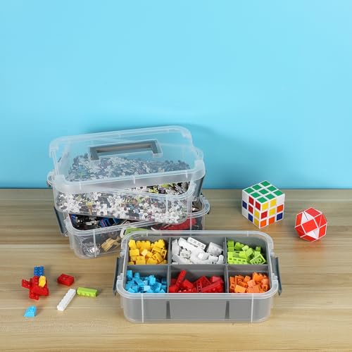 JUXYES 3-Tiers Plastic Stack Carry Storage Containers Box wih Handle Lids | 2 Pack Clear Stackable Craft Storage Bin for School & Office Supplies, Organizing Stationery, Sewing, Art Craft, DIY Supplies - color: Gray