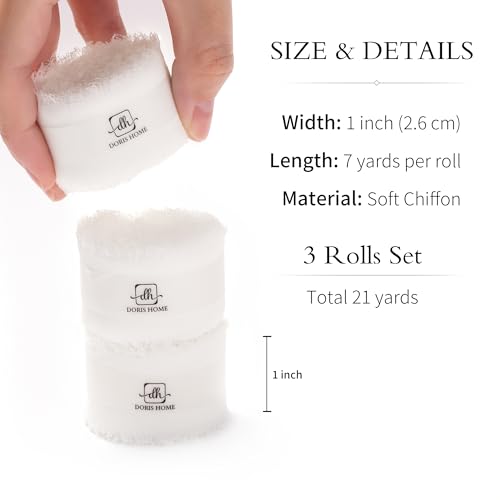DORIS HOME Handmade Frayed Fringe Chiffon Ribbon 1" x 21Yd White | Fabric Ribbon, For Flower Bouquet/Gift Wrapping/Wedding Invitations/Christmas Decorations/Party Decor - color: White