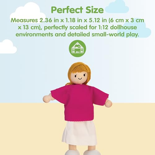 PlanToys® Mother Dollhouse Wooden Figurine Poseable 1:12 Scale 5-Inch Doll | mom character, doll house people accessories, bendable arms, kids pretend play, girls storytelling gift ages 3+ for boys - color: Caucasian Mom