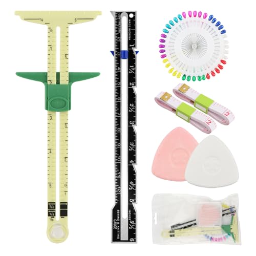 7 Pcs Sewing Gauge Measuring Tool, 5-in-1 T Sliding Gauge Ruler Seam Gauge | Fabric Quilting Ruler with 2 Tape and Sewing Pins, Sewing Measuring Tool for Seaming Hemming Knitting Crafting