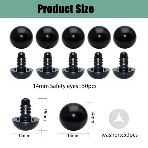ARTCXC 50pcs 14mm Solid Black Safety Eyes for DIY Crochet Amigurumi | Plastic Craft Eyes with Washers for Crocheting of Puppet Bear Stuffed Animals Dolls DIY Projects. 50pcs Eyes + 50pcs Washers - size: 14mm