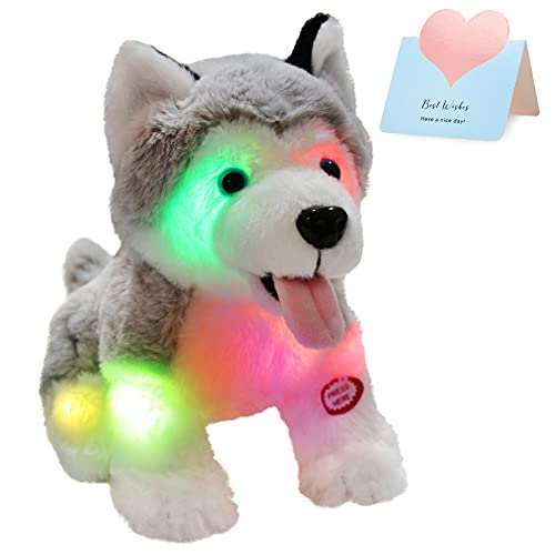 Light up Husky Dog Stuffed Animal Soft Glowing Plush Puppy Toy | Led Lights Day Children Birthday Toddler Kids Night Beautiful Decorative Festive - color: Husky