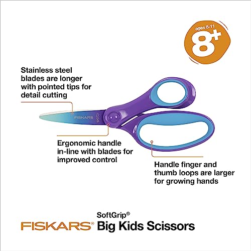 Fiskars 6" Softgrip Big Kids Scissors, Ages 8-11, Turquoise-Purple Ombre | Scissors with Safety Edge Blades for School or Crafting, Ergonomic Handles Designed for Growing Kids, Back to School Supplies - style: Ombre