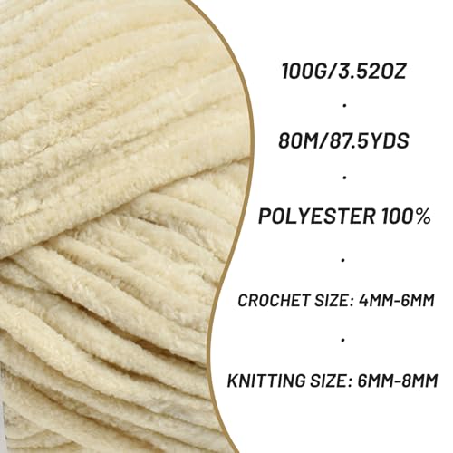 3 Pack Fluffy Chenille Yarn for Crocheting, Chunky Velvet Yarns for Crochet Amigurumi, Baby Yarn for Crocheting Soft Blanket, 262.4yds /10.5 oz Bulky Yarns for Crafts/Hats/Shoes/Socks (3 Beige) - color: 3 Beige