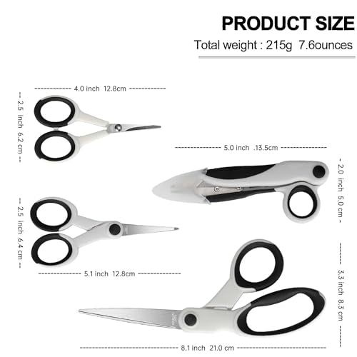 SCAIKTIG Premium Sewing Scissors Bundle, 8" Heavy Duty Fabric, 5" Embroidery, 4" Small Detail Scissors, 5" Thread Snips, Tailoring, Dressmaking, Quilting, Arts&Craft Supplies, White - color: Grayish White(8“/5”/5“/4”)