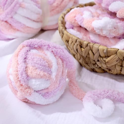 HOMBYS Pink,Purple,White Chunky Chenille Yarn for Hand Knitting,Fluffy Soft Jumbo Yarn Crocheting,Super Bulky Big Yarn for Chunky Blanket,Large Thick Arm Knitting Yarn,8 Pack Plush Yarn - color: Pink,Purple,White