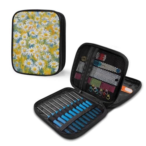Hechitok Daisy Print Crochet Hook Case Zipper Storage Organizer Bag with Pockets for Various Crochet Needles/Knitting Accessories/Crochet Hook Kit Tools - color: Daisy Print