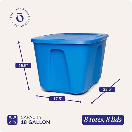 HOMZ 8-Pack Durable Molded Bin, Plastic Storage Containers with Lids, 18 Gallon, Blue - Stackable Organizer Totes and Boxes for Bedroom, Kitchen, and Garage Organization - color: Blue, size: 8 Pack