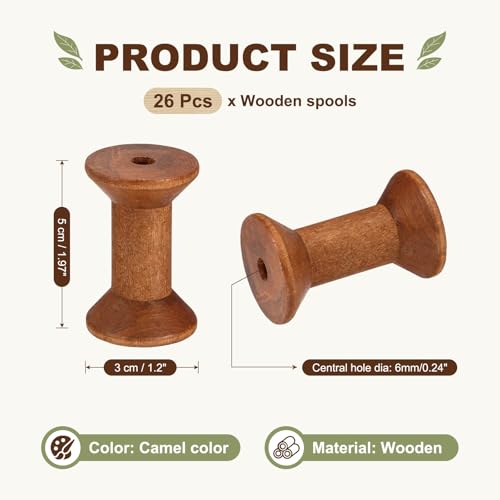 MECCANIXITY 26 Pcs 1.2"x2" Small Empty Thread Spools, Camel Color Unfinished Wooden Spools Wire Weaving Bobbins, Wire Weaving Bobbins for Embroidery DIY Sewing Machines Cord Jewelry Chain - color: Camel Color, size: 1.2"x2"