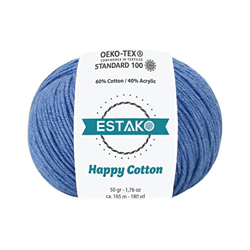 Estako Happy Cotton 60% Cotton 40% Acrylic Yarn, Sport Weight 2, Denim Blue | soft, fine, 50 g, 180 yds, baby clothes, amigurumi, 2-3 mm hook, summer tops, hats, blankets - color: 4230 - Denim Blue, size: 1 Skein