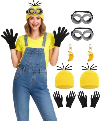 ZIW Yellow Cartoon Character Costume Set Adult Women Funny Halloween Outfit | Easy Halloween Costumes with Beanie Goggles Gloves Banana Keychain Animated Dress Up Cosplay Kit - color: Yellow-2pcs