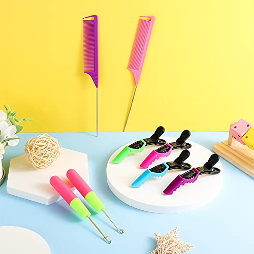 8 Pcs Hair Crochet Hooks Set with Accessories Include 2 Plastic Crochet Needle Hooks 4 Alligator Hair Clip and 2 Rat Tail Comb Tool Kits for Braiding, Extension