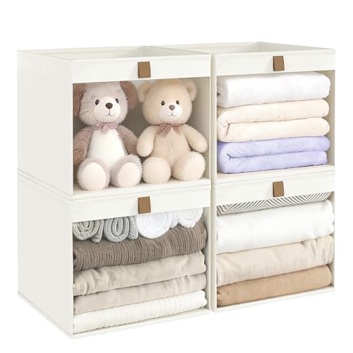 Linen Closet Organizers and Storage, Closet Storage Bins Basket Organizer, Foldable Organization Baskets with Mesh Window for Clothes Towels and Toys, 11" x 11" x 11", Beige, 4 pack - color: Beige-4Pack, size: 11"L x 11"W x 11"H