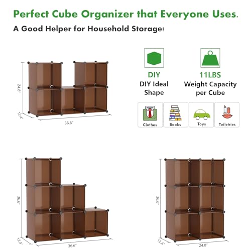 C&AHOME 6-Cube Storage Organizer Cube Shelf Closet Storage Bookcase, Brown | Stackable Cubby Storage, Bookshelf, Portable Plastic Storage Closet Organizer, DIY Modular Shelving Units for Home, Wardrobe - color: Brown