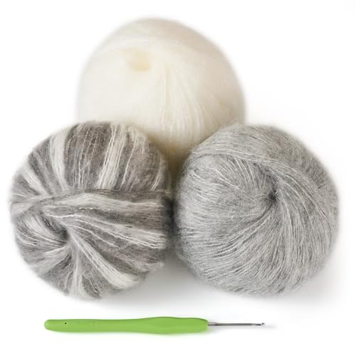 3 Balls Soft Mohair Wool Yarn for Crocheting Knitting Hand Washable Long Wool Yarn DIY Scarf Crochet Thread for Clothes Hats Sweater Scarf Craft Projects - color: White