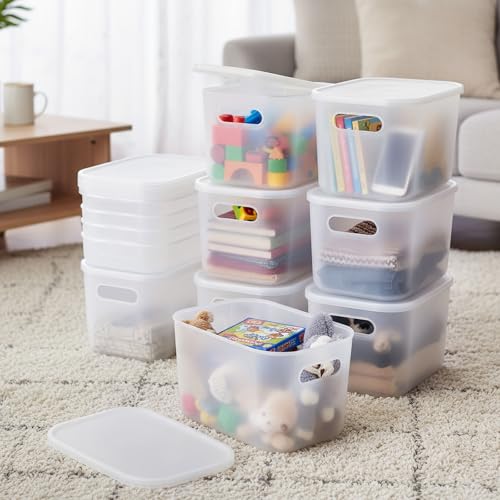 Thyle 12 Pack Translucent Plastic Storage Bins with Lids 7 Quart | Stackable Toy Organizer Boxes with Handles and Labels, Classroom Shelf Bedroom Desktop Storage, School Supplies - color: Translucent