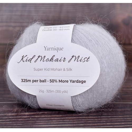 Kid-Silk Mohair Yarn, Lace Weight, 4 Balls 100g, 1420 yds | Yarnique 61% Super Kid Mohair + 20% Silk | Carry-Along Yarn | Soft Fuzz (19 Pearl Gray) - color: 19 Pearl Gray