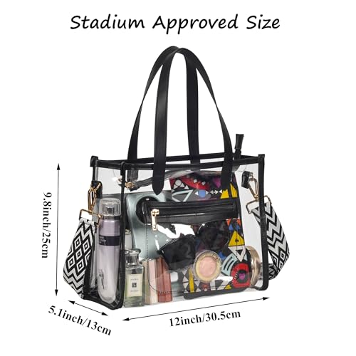 Clear Tote Bag for Women Thick PVC Clear Bag Transparent Stadium Bag with Guitar Strap - color: Black
