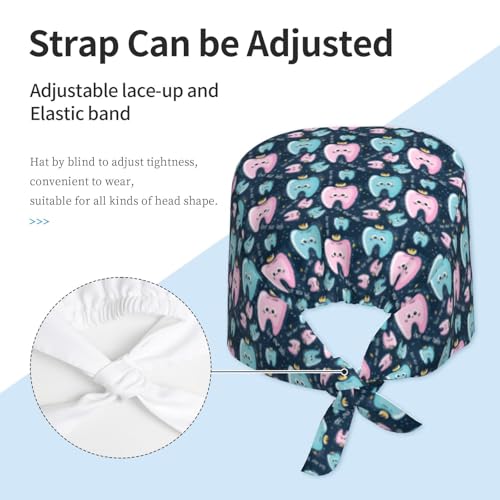 MOLIAN Dental Tooth Adjustable Working Cap Surgical Headgear for Women Men | Adjustable Tie Back Scrub Caps with Button Built-in Sweatband Working Cap for Nurses Doctors and Workers - color: Teeths Dental-01