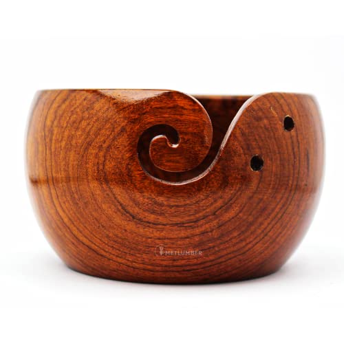 METLUMBER Wooden Yarn Bowl Rosewood Yarn Storage Bowl Holder & Dispenser for Tangle-Free Yarn Perfect Large Knitting Bowl Classic Design Crochet Bowl