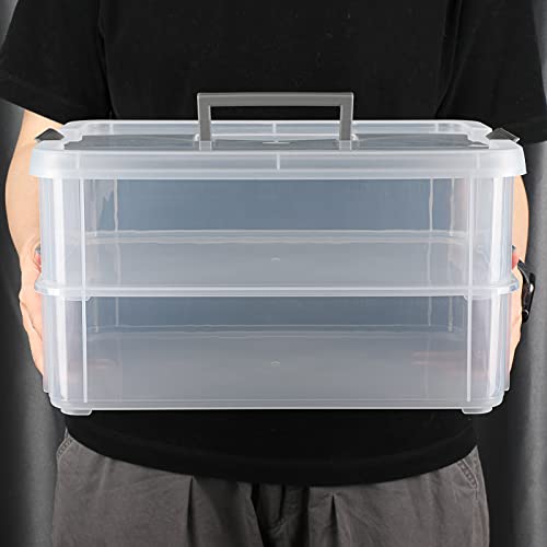 BTSKY 2 Layer Stack & Carry Box, Plastic Multipurpose Portable Storage Container Box Handled Organizer Storage Box for Organizing Stationery, Sewing, Art Craft, Jewelry and Beauty Supplies Dark Grey | Multipurpose Craft Organizers and Storage for Organizi