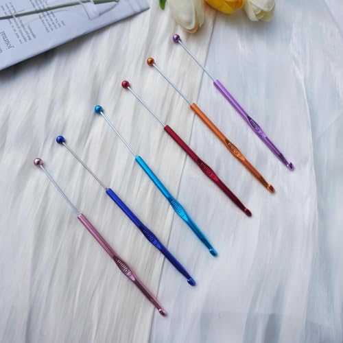 18 Pack DIY Beadable Crochet Hooks Knitting Needles Set Aluminum Handle for Focal Beads Colors (Blue Purple Red Orange Pink Light Blue, 4-6 mm) - size: 4-6 mm