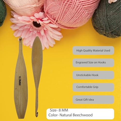 Handcrafted Wooden Crochet Hooks with Bag, 4 MM to 10 MM | Comfortable Grip | Smooth Finish & Ergonomic Design | Galaxy Indiacraft (Natural Beechwood, 8 MM) - color: Natural Beechwood, size: 8 MM