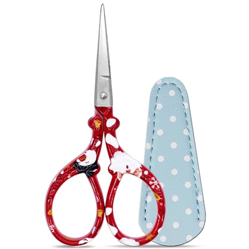 3.6 inch Sharp Embroidery Scissors Crochet with Leather Sheath for Knitting | Craft Scissors Small Scissors Pointed Tip Scissor Stainless Steel Precision Detail Scissor for Crafting Sewing Office Home - color: Red Christmas