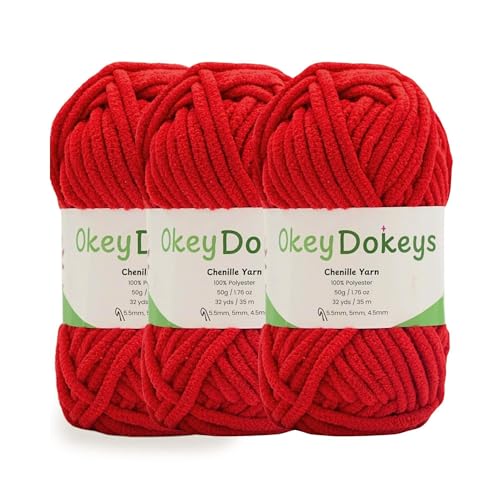 Okeydokeys Super Bulky Chenille Yarn Size 6, 3-Pack,150g/114y, Thick Fluffy Yarn for Crocheting Baby Blankets, Amigurumi. Cherry Slush Red #18 - color: Cherry Slush Red #18, size: 3-Pack ($5.00/skein)