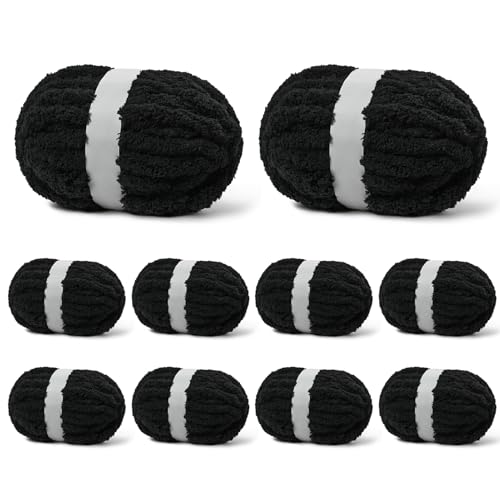 10 Pack Black Fuzzy Chunky Yarn for Hand Knitting, Bulky Thick Fluffy Chenille Yarn for Crocheting, 240yds/70.5oz Jumbo Crochet Yarns, Soft Chunky Knit Blanket Yarn for Crochet - color: 10 Black