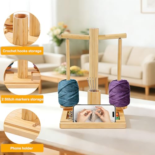 DOUBFIVSY Wooden Yarn Holder for Crocheting and Knitting, Magnetic Rotating Yarn Spinner with 2 Spindles, Phone Holder, Needle Storage, Crochet Gift for Knitting Lovers, Women Grandma Mother (Natural) - color: Natural