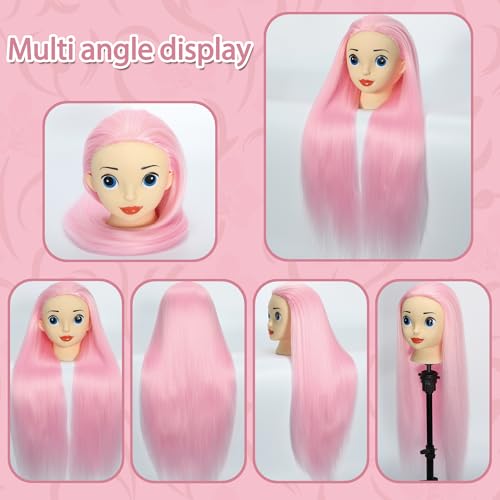 Mannequin Head with Hair 24" Cosmetology Manikin Doll Head for Styling Hairdresser Practice Braiding Training Head Practice Cosmetology with Free Clamp Holder Cute Face Big Eyes (Light Pink) - color: Light Pink