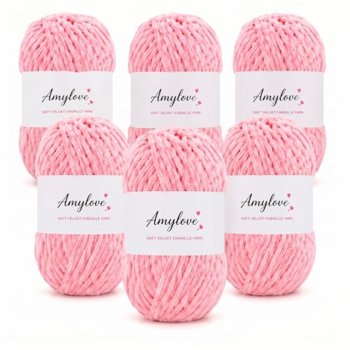 Amylove 6 Rolls Soft Velvet Chenille Yarn for Crocheting 1182 Yards Polyester Blanket Fuzzy Thick Yarn for DIY Knitting Bulky Weaving Crafts, 197 yd, 3.53 oz Each Roll(Pink) - color: Pink