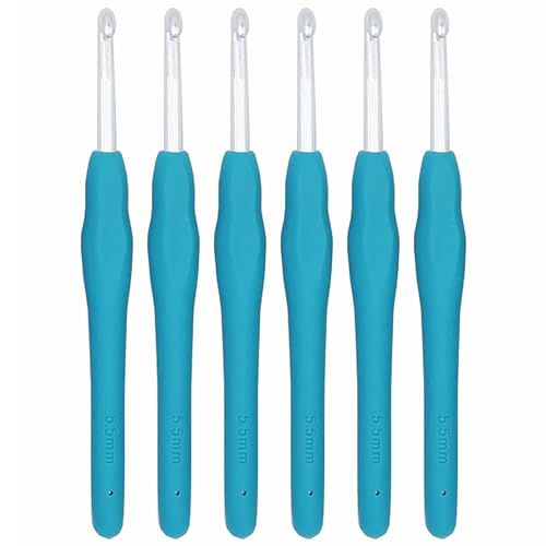 6Pcs 5.5mm Aluminum Soft Grip Rubber Ergonomic Handle Crochet Hook Knitting Needles US Size I (Size 9) for DIY Yarn Craft,Nice Gift for Women Adults Kids Children Beginners (Blue) - size: 5.5mm