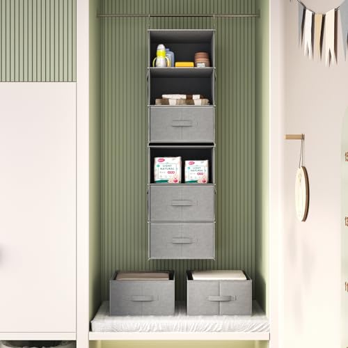 6-Shelf Hanging Closet Organizer with 3 Drawers, Separable, Medium Gray | Converts into Two 3-Shelf Organizers, Foldable Drawers, Side Pockets, Ideal for Wardrobe, Nursery, Dorm & Closet Storage - color: Medium Gray, size: 6-Shelf Separable