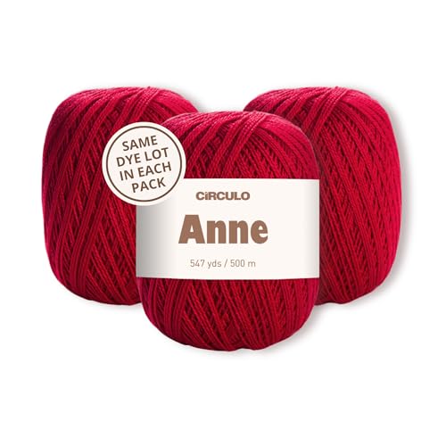 CIRCULO Anne Yarn Pack, 1641 yds for Knitting & Crochet, 3 Balls of 100% Mercerized Brazilian Virgin Cotton, Soft Fingering Weight, Color 3528 Carmine - color: Red (3528 - Carmine), style: 3-Pack