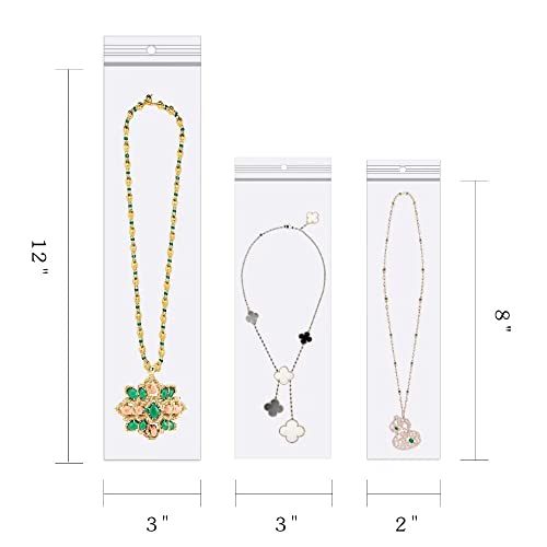 300pcs Long Jewelry Bags 2 x 8/3 x 8/3 x 12 Inch Necklace Bags with Hang Hole Poly Zip Seal Storage Bags 2 Mil for Incense Necklaces Jewelry Packaging Shipping - size: 2x8"/3x8"/3x12" each 100ct