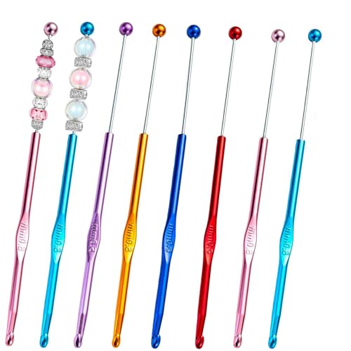 6 Pack DIY Beadable Crochet Hooks Knitting Needles Set Aluminum Handle for Focal Beads Colors (Blue Purple Red Orange Pink Light Blue, 5 mm) - size: 5 mm