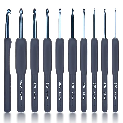 Coopay Dark Blue Crochet Hooks, Soft Crochet Hook Set for Arthritic Hands | 9pcs 2.0-6.0mm Soft Touch Crochet Needles Ergonomic Soft Grips for Beginners/Professionals, Exquisite Crocheter Gifts - color: Dark Blue