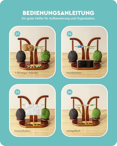 Baffect Yarn Holder Magnetic, Wooden Double Yarn Spindle (Brown + Gold) | With T-shape Holder, Small Accessories Storage slot & Phone Stand, Ideal Gift For Crochet Lovers - color: Brown+Gold