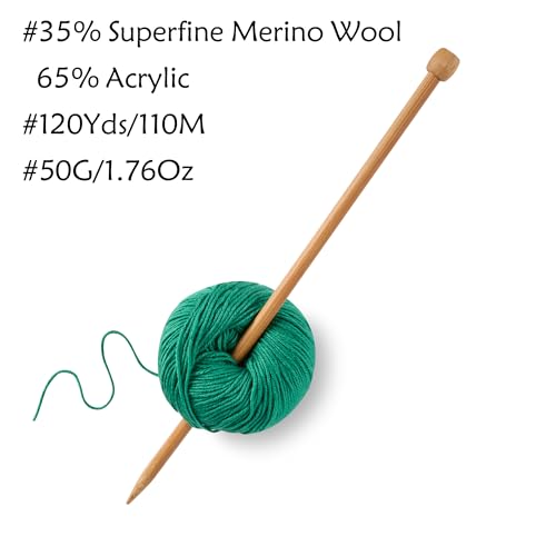 Merino Wool Yarn for Knitting & Crocheting - 35% Wool, 65% Acrylic - color: Green, size: 2 Ball