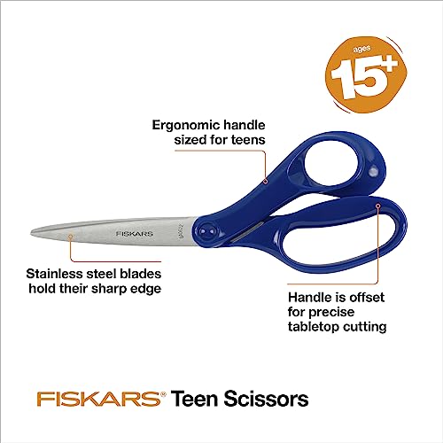 Fiskars 8" Teen Scissors, For Kids Ages 15+, Back to School Supplies, Blue | Scissors with Precise Blades for School or Crafting, Ergonomic Handles Designed for Teens, Back to School Supplies - style: Blue