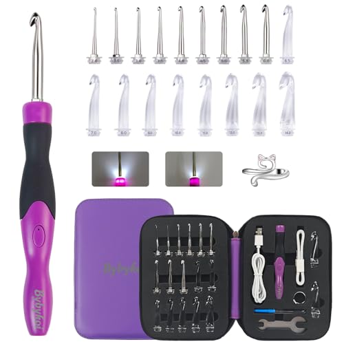 18 Sizes Lighted Crochet Hooks Set 2.0mm~14.0mm, Rechargeable Crochet Hook with Interchangeable Crochet Head, Light Up Crochet Hooks Set with 2 Levels Led for Beginner Knitting Kit Gifts - color: Purple - Glowing 18 Size