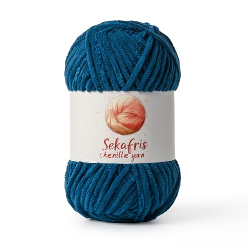 Chenille Yarn for Crocheting, Size 5 Bulky,Denim Blue | 100g/131yds Soft Chunky Velvet Yarn for Crochet and Knitting,Fluffy Baby Yarn for Amigurumi,Blankets and DIY Crafts. - color: Denim Blue