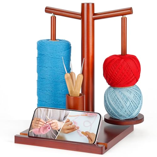 Yarn Holder for Crocheting, Wooden Rotating Yarn Spinner with 2 Spindles and Phone Stand, Magnetic Spinning Yarn Holder for Crochet Knitting Lovers