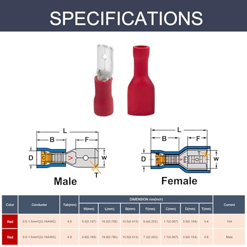 Chanzon 100pcs 3/16" Male & Female Spade Connector Semi-Insulated PVC Red | UL Recognized - 16 17 18 19 20 21 22 awg Gauge Quick Disconnect Wire Crimp Terminal 4.8 x 0.8 mm - size: 4.8mm Male & Female Spade, style: 22-16AWG