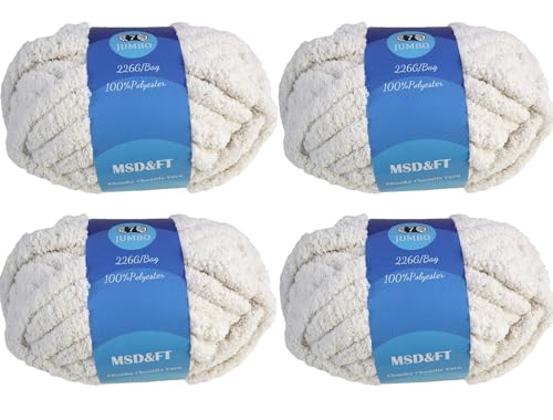 MSD&FT 4 Skeins Chunky Chenille Yarn Blanket Yarn (White) | chunky yarn for hand knitting - color: white