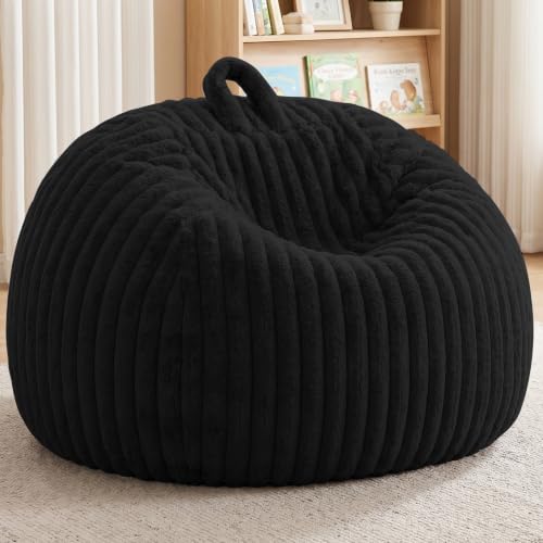 Bean Bag Cover No Filler Stuffed Animal Storage Bean Bag Chair Cover | Soft Faux Rabbit Fur,Non-Slip Bottom,Durable Zipper,Fill with Plush Toys or Blankets,for Adults Teens Kids Girls,Black - color: Black (Cover Only), size: Small(28''x28''x32'')